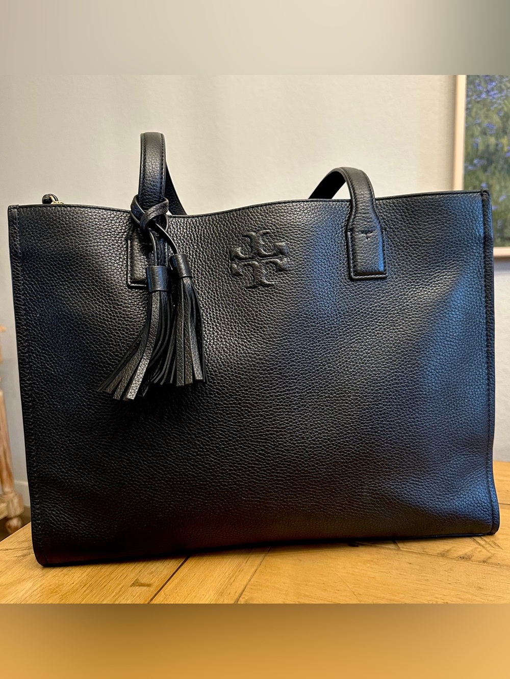 Tory Burch Black Pebbled Leather Tassel Shopper Tote